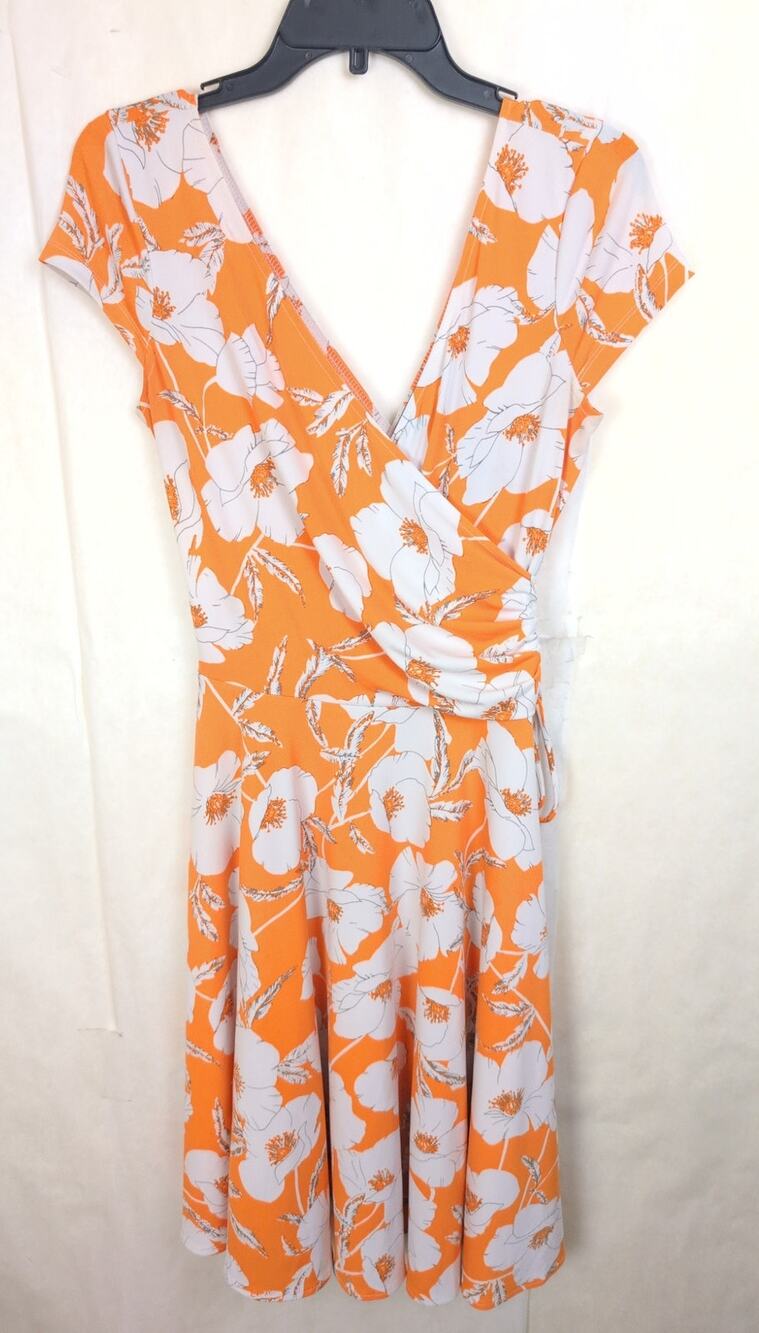Maggy London orange floral wrap top ruched dress Size 6 Feminine Romantic Boho